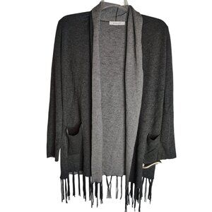 Kokun Cashmere Bamboo Small Gray Cardigan, Fringe Hem, Oversize, Lagenlook